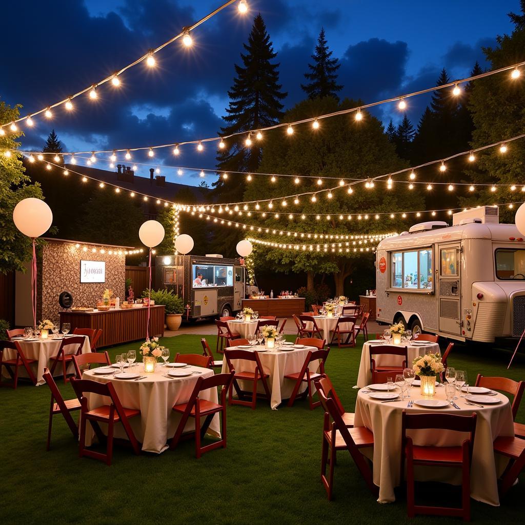 Decorations and setup for a food truck graduation party.