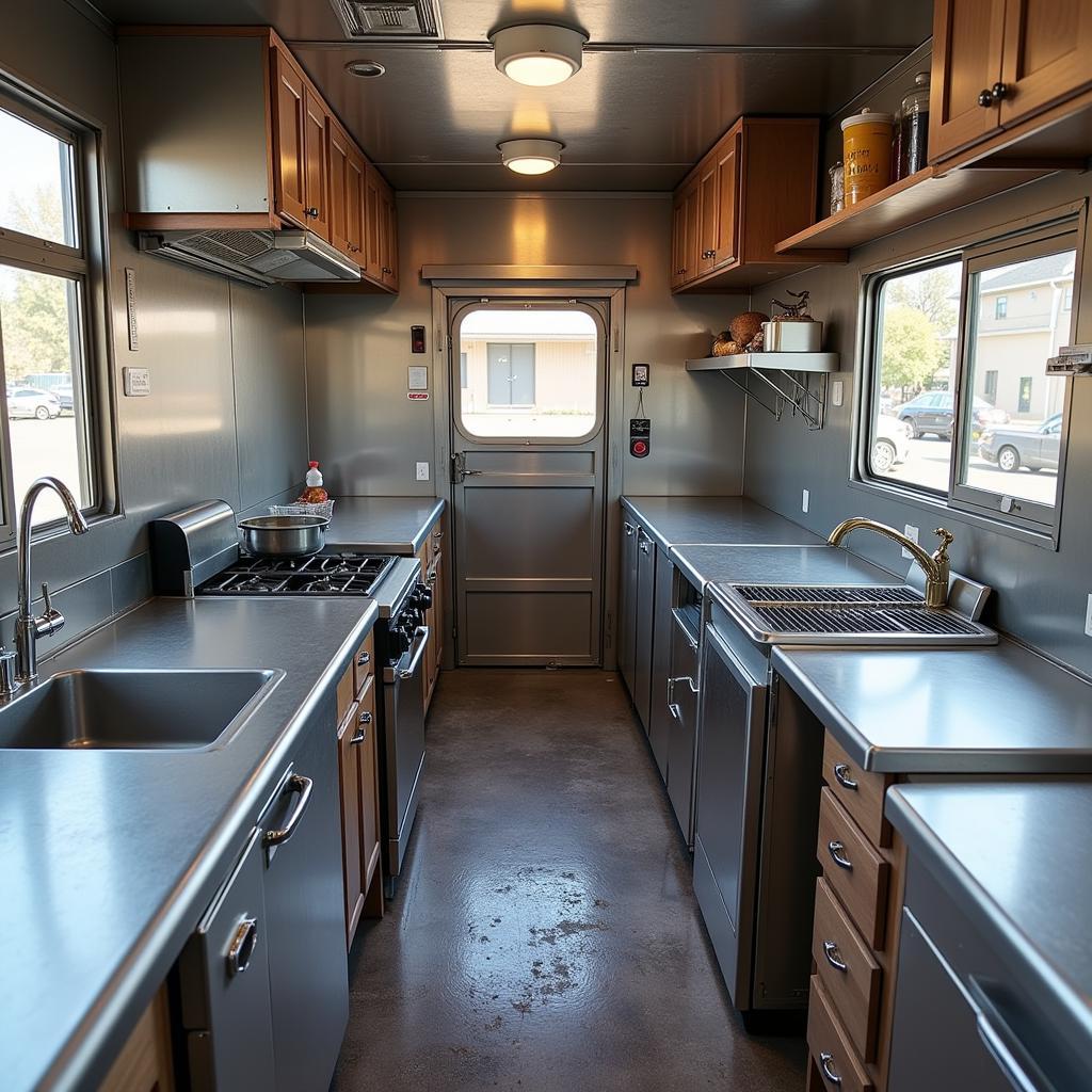 The inside of a bustling food truck kitchen, with stainless steel appliances, organized prep areas, and a team working efficiently.