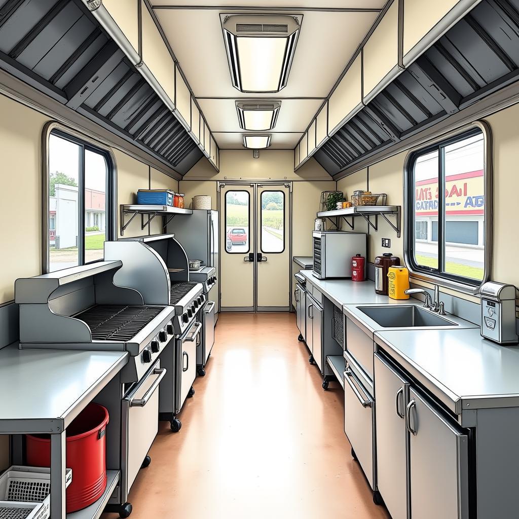 Inside view of a well-equipped food truck kitchen with stainless steel appliances and organized workspaces, located in San Antonio.