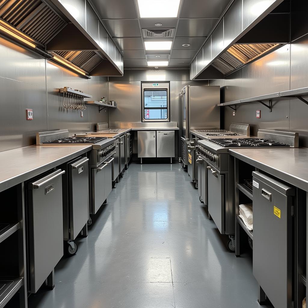 Inside view of a food truck showing kitchen equipment and layout.