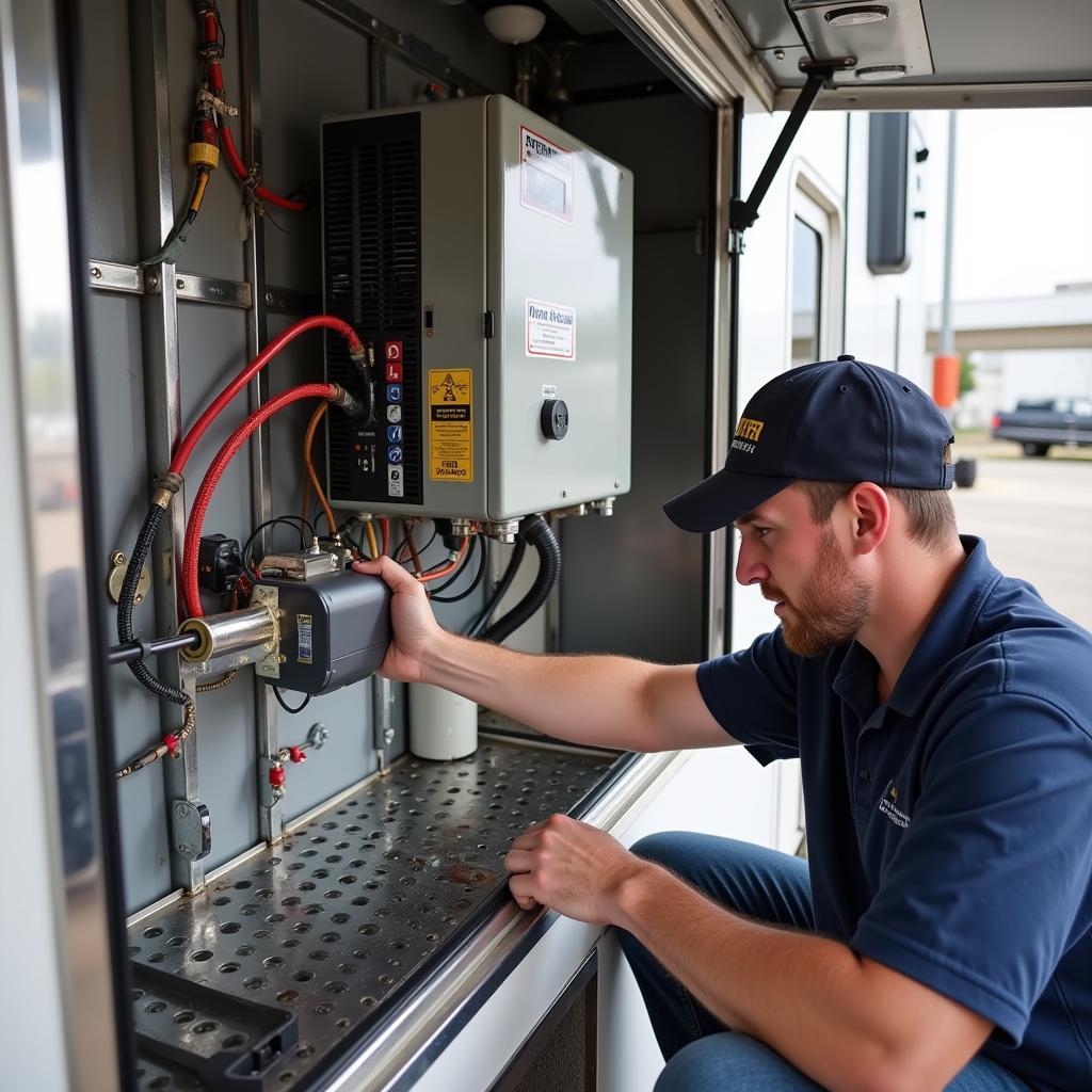 An electrician installing an inverter in a food truck, highlighting proper wiring and ventilation.