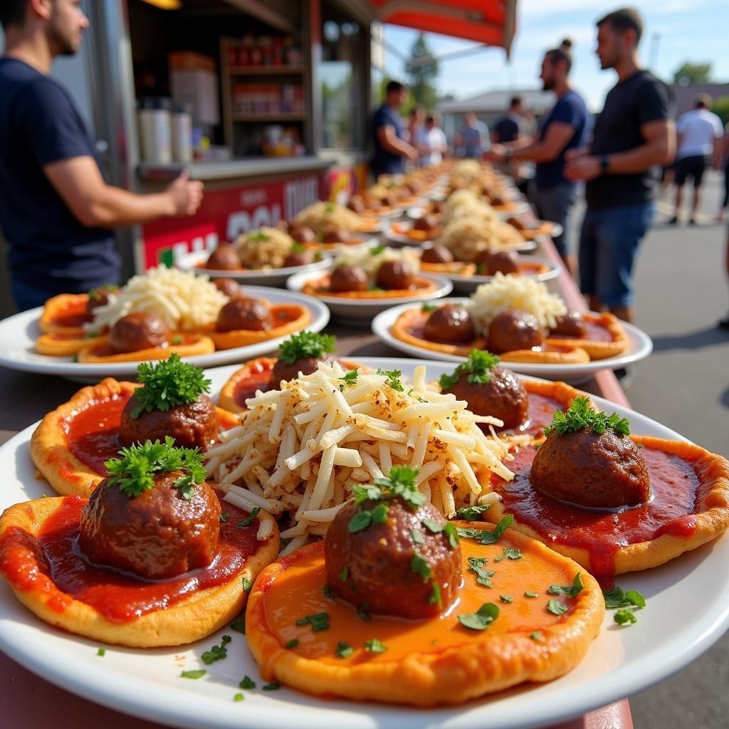 A vibrant display of various meatball dishes served from a food truck, showcasing different sauces and toppings.