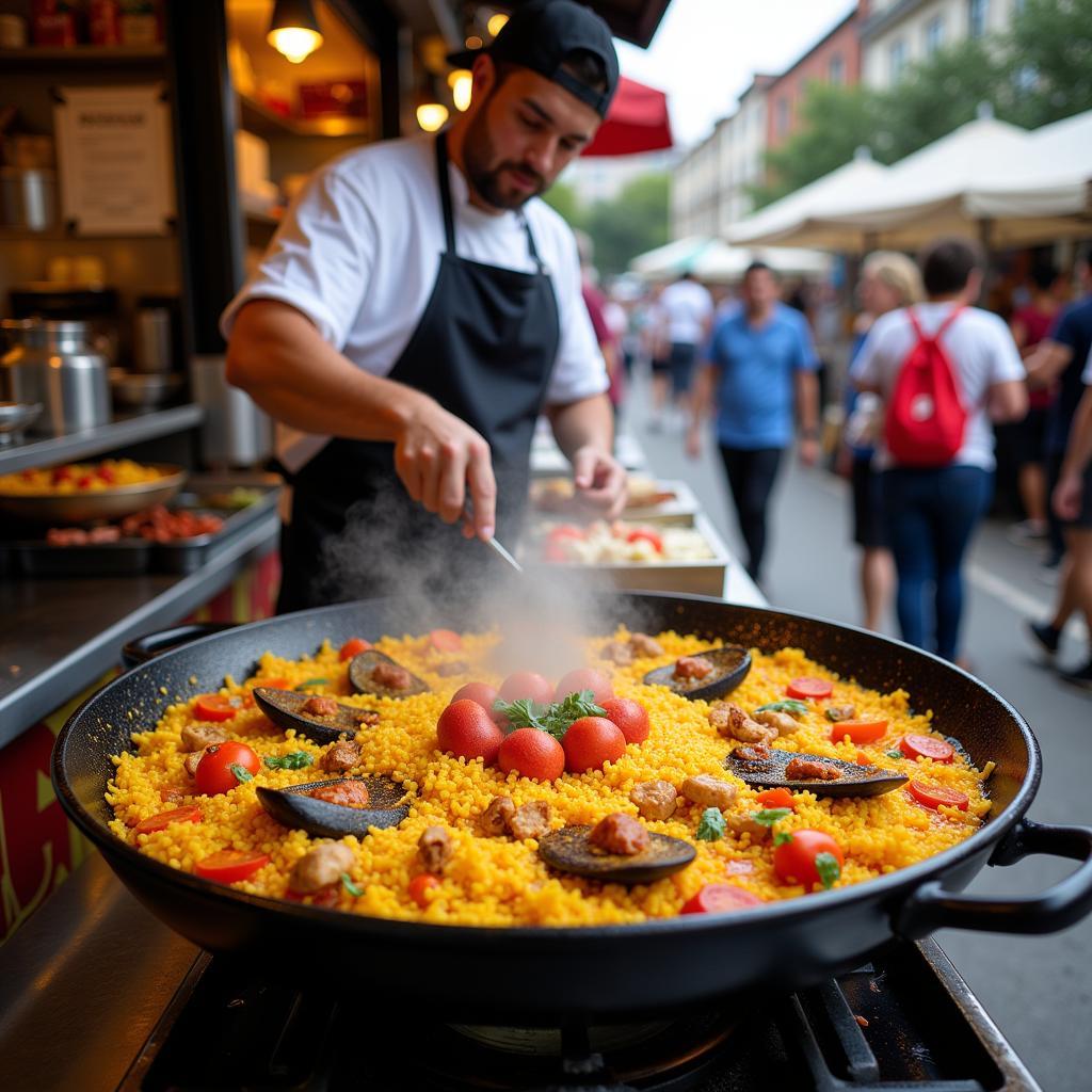 Paella being cooked in a large pan on a food truck