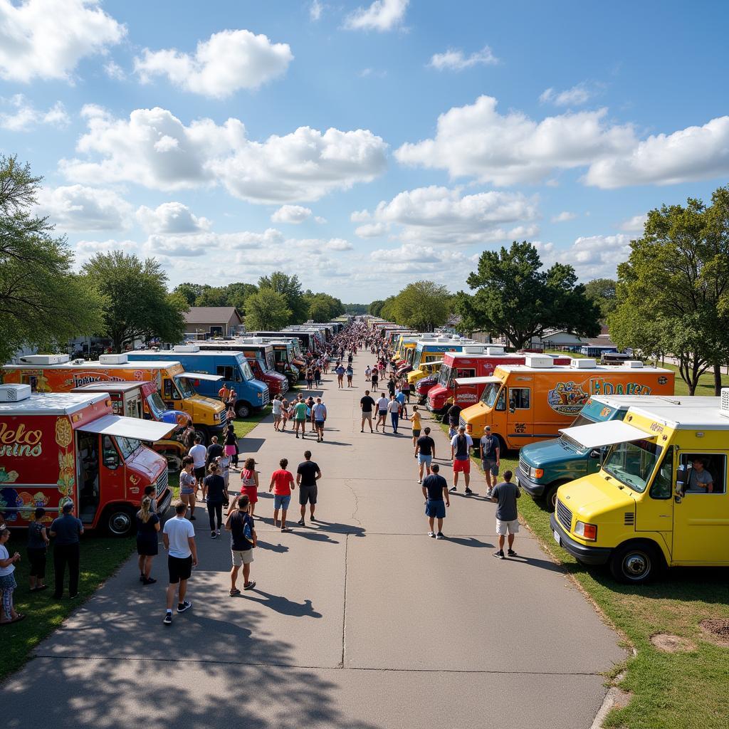 Food trucks parked at the Opelousas food truck park, offering diverse cuisines.