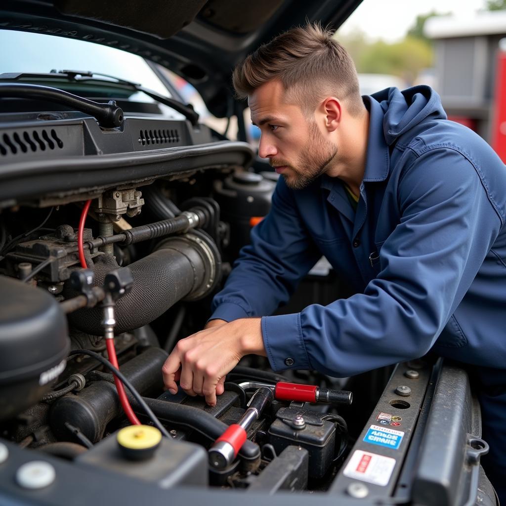 Mechanic Repairing a Food Truck Engine