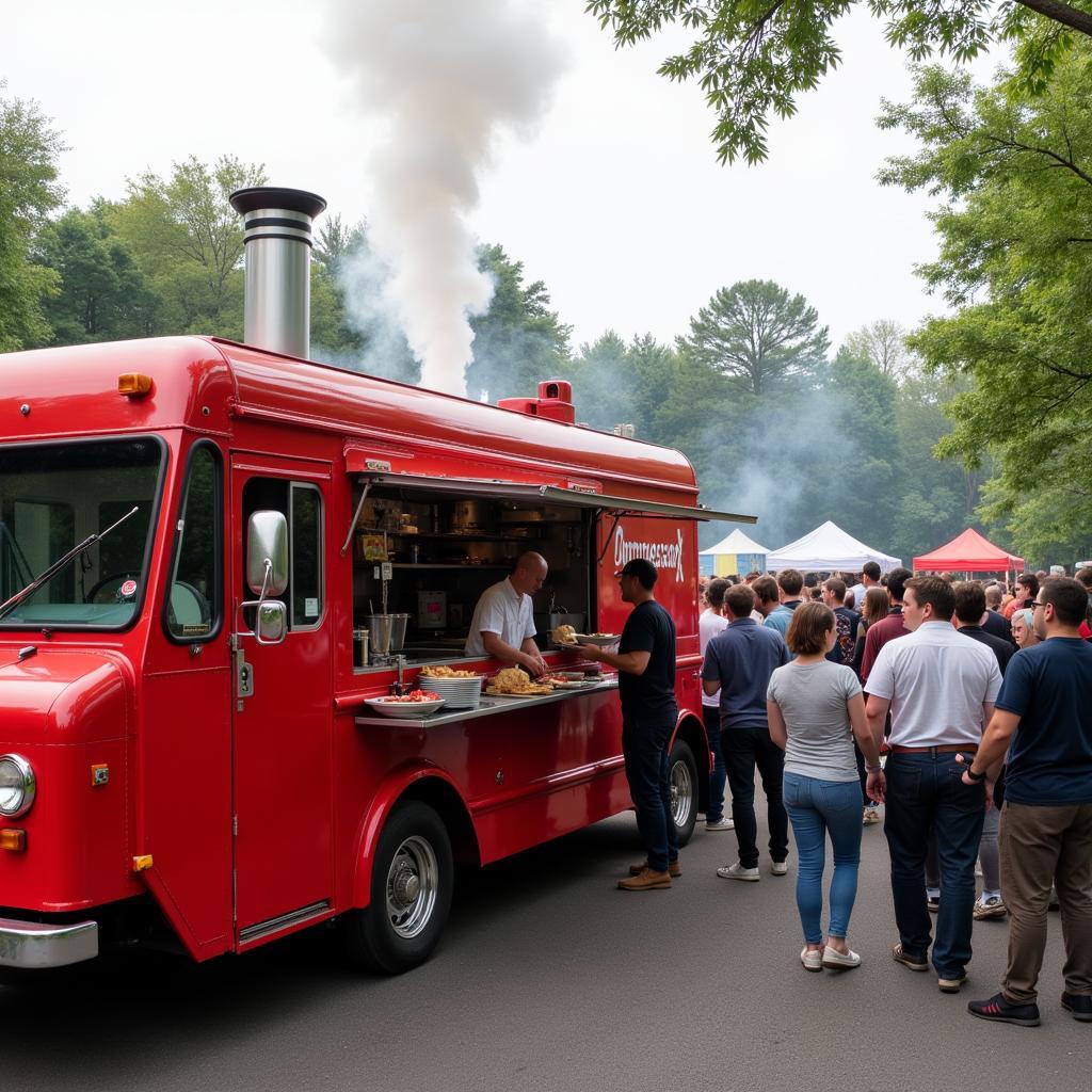 Food truck with a smoker serving barbecue at a catering event