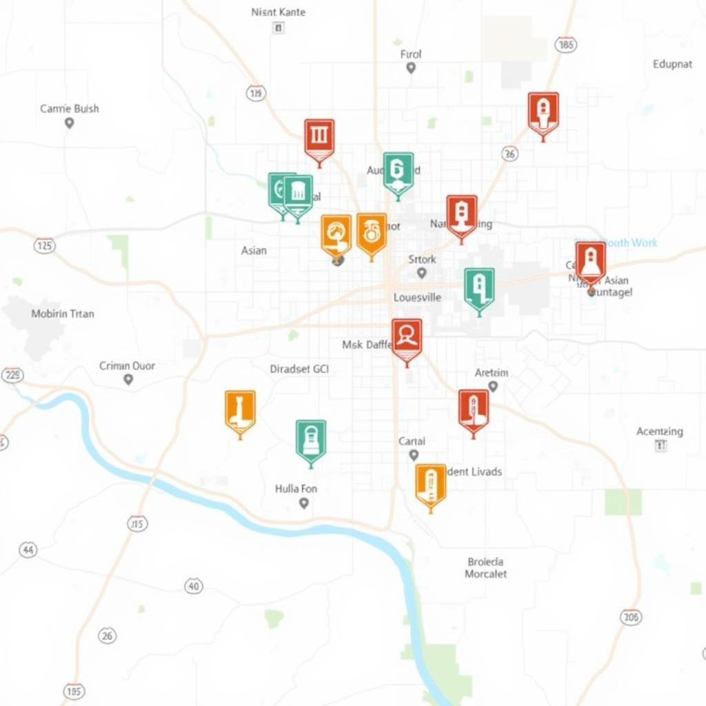 Map of Louisville highlighting popular food truck locations on Wednesdays, with icons representing different types of cuisine available.