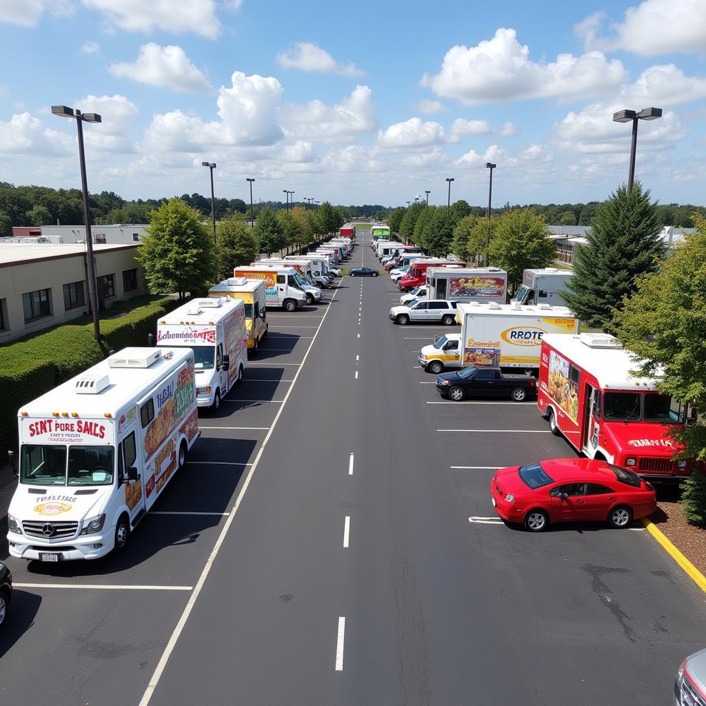 A variety of food trucks for sale in Virginia Beach, showcasing different sizes, styles, and cuisines.