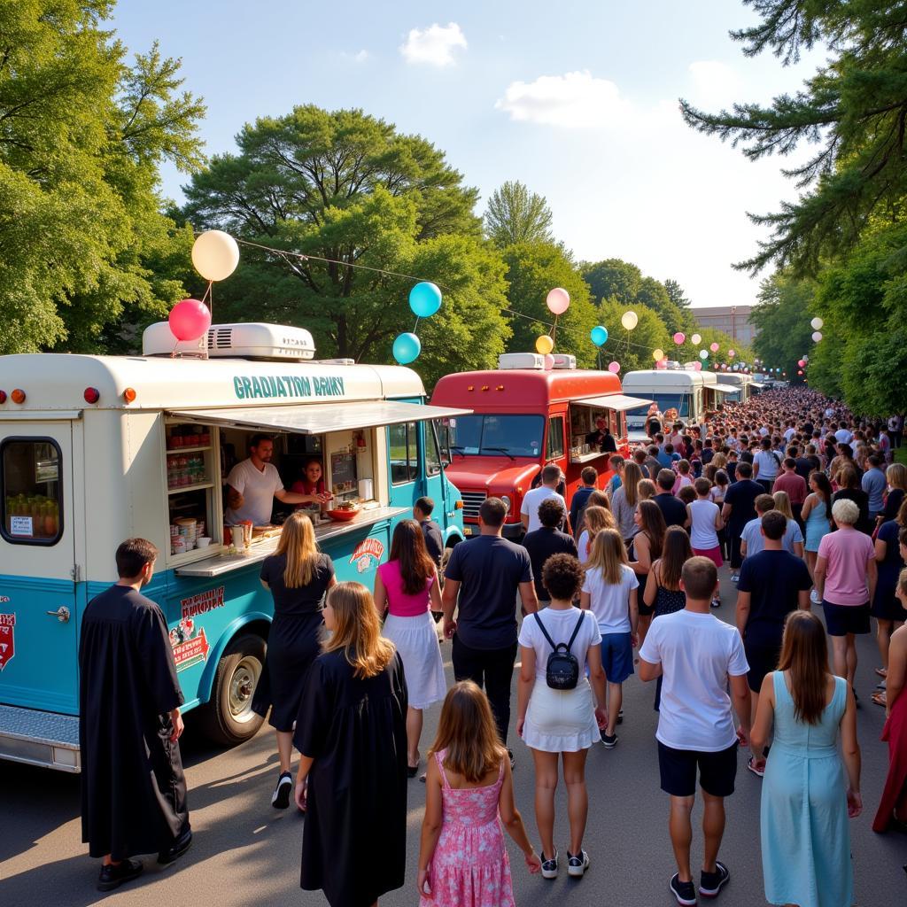 Food trucks parked at a graduation party, serving guests.