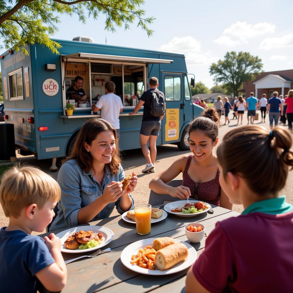 People gathering around food trucks in Lawton, OK
