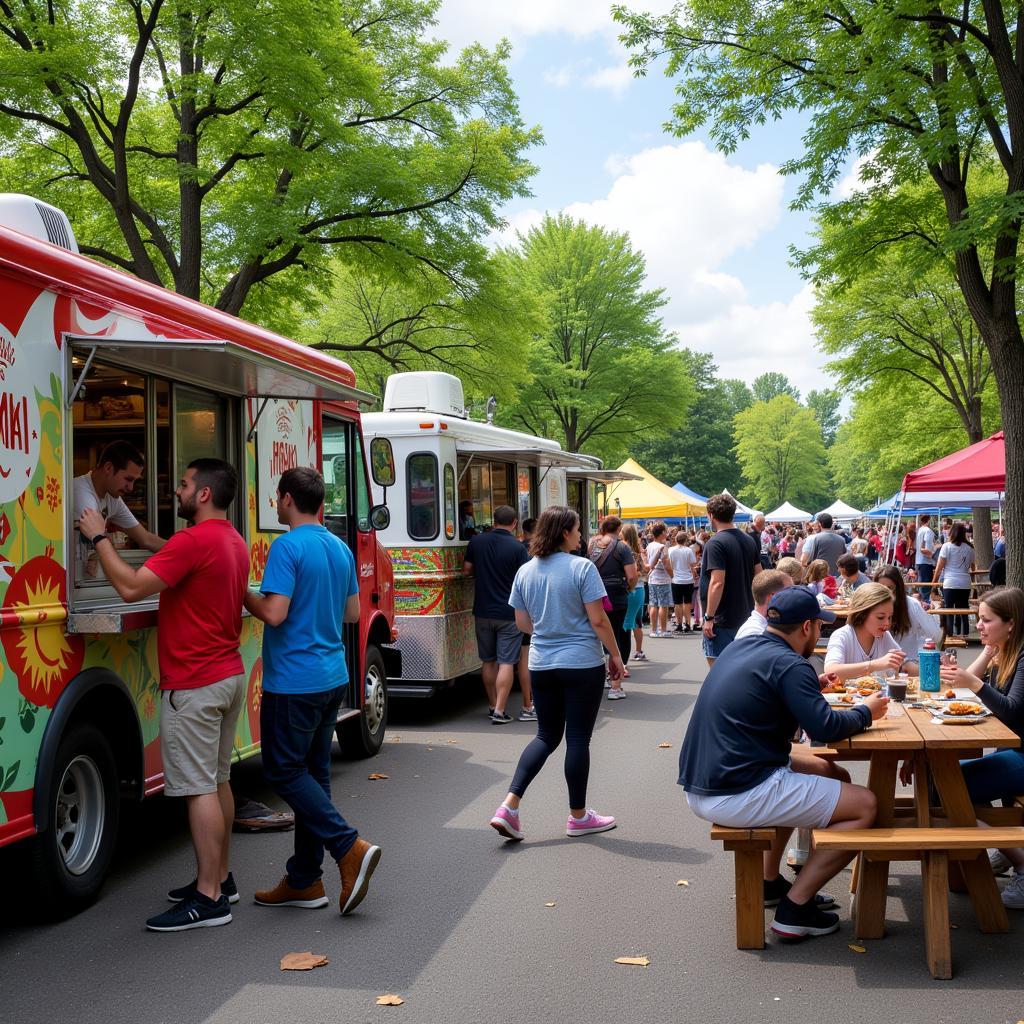 Food trucks for sale in St. Louis lined up at a vibrant food truck festival.