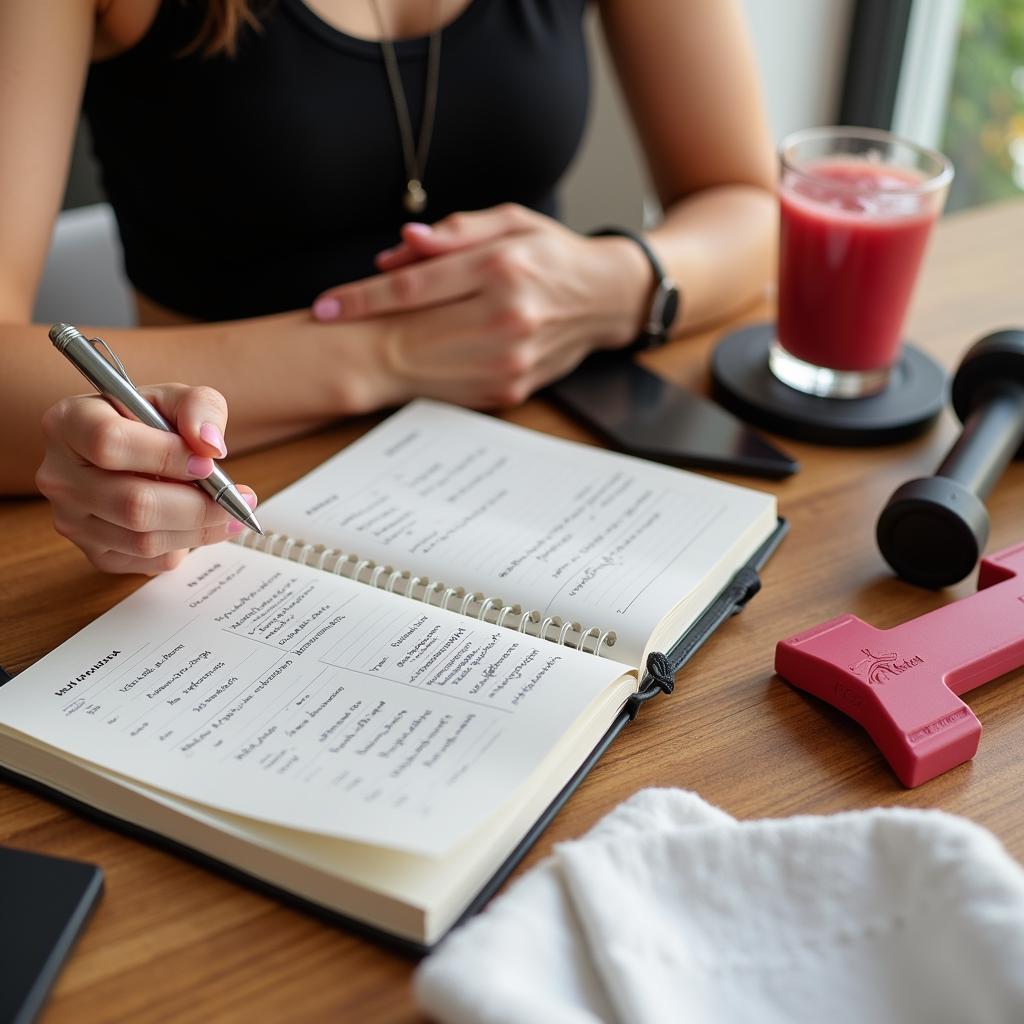 Woman writing in a food and workout journal