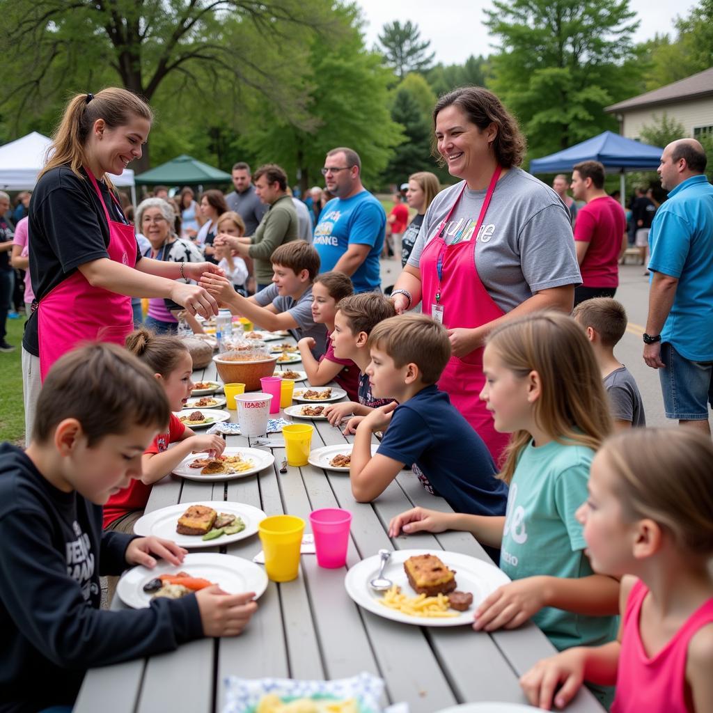 People enjoying free food at a community event in Kalamazoo