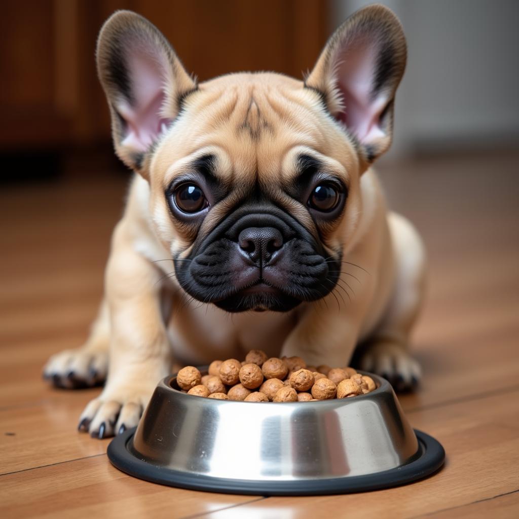 A French Bulldog puppy eating from a bowl