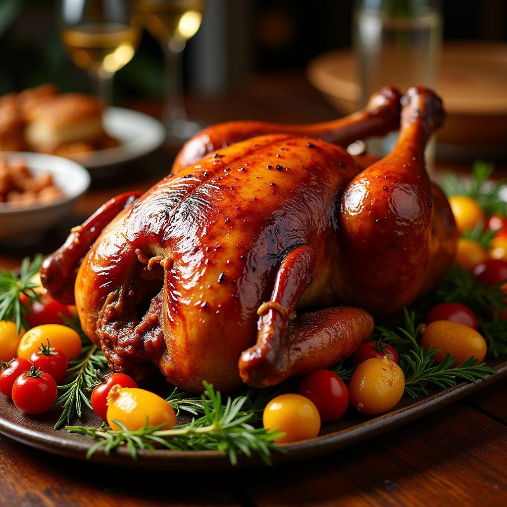 A perfectly roasted duck, glistening with a rich glaze, served on a platter with roasted vegetables for a French New Year's Eve dinner.