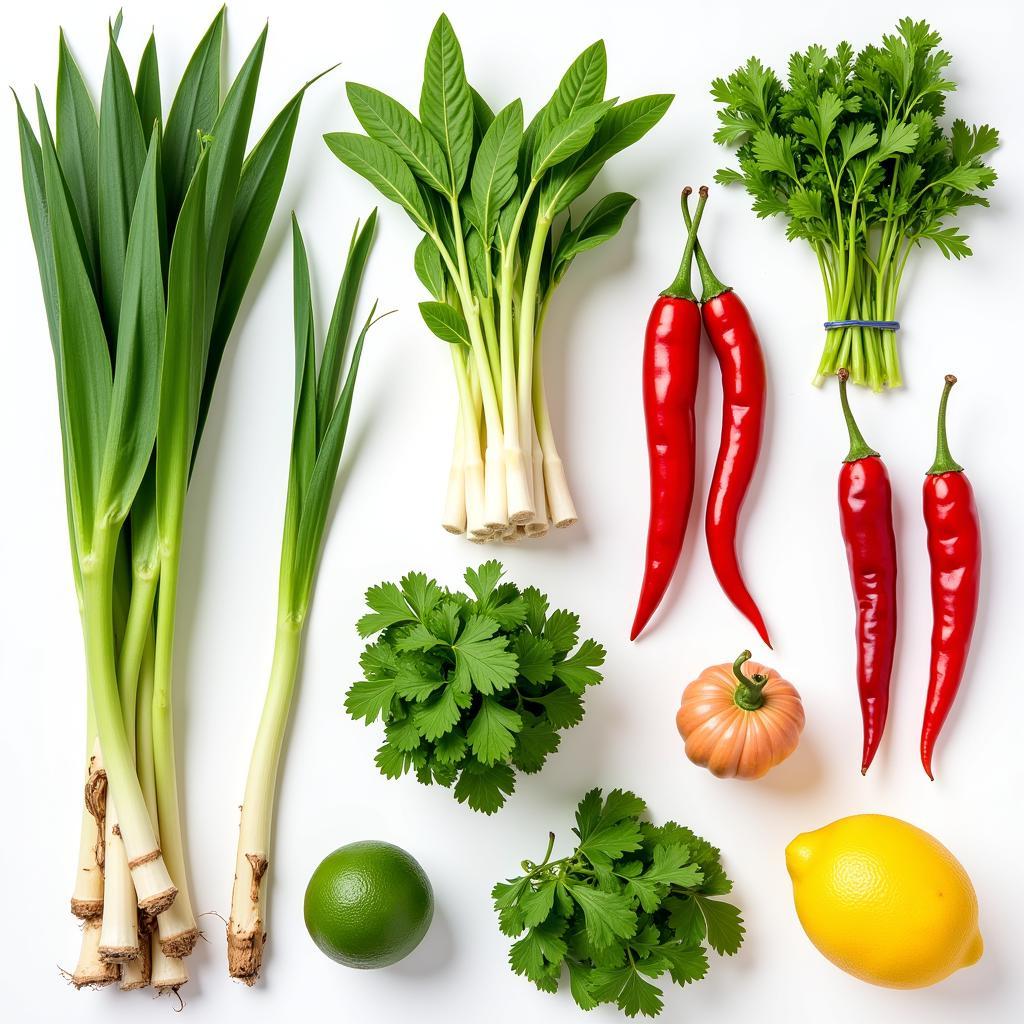 A variety of fresh vegetables, herbs, and spices commonly used in Thai cooking.