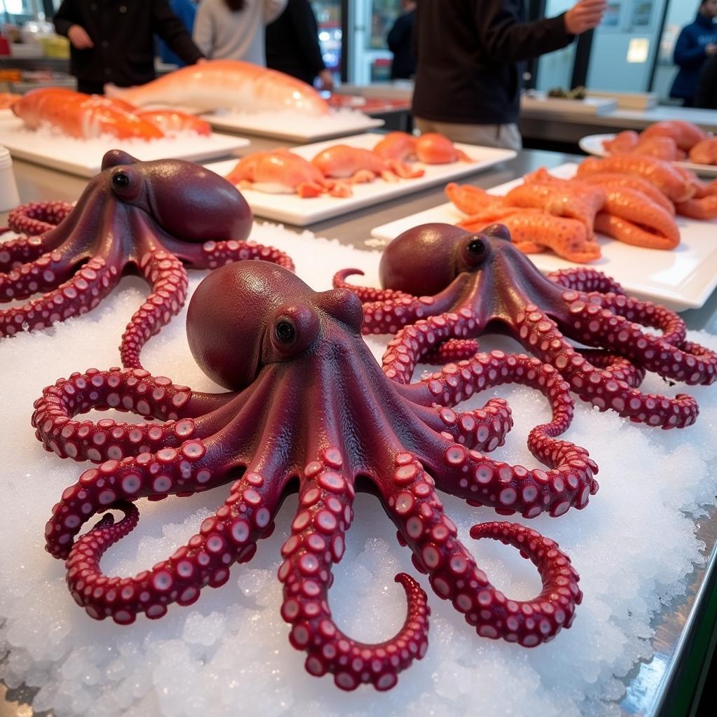 Fresh octopus for sale displayed on ice at a bustling seafood market.