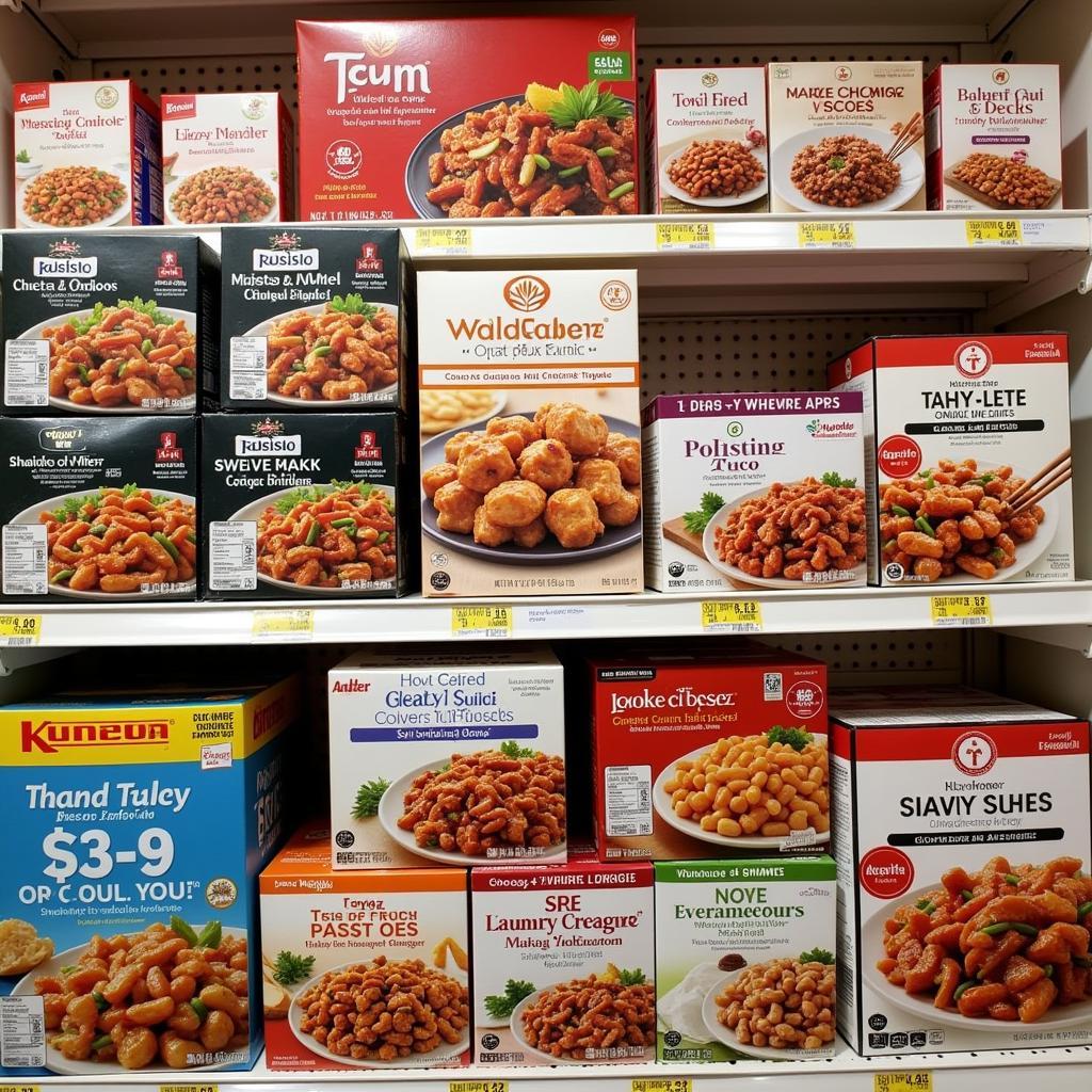 A wide variety of frozen Chinese food options available in a grocery store freezer aisle.