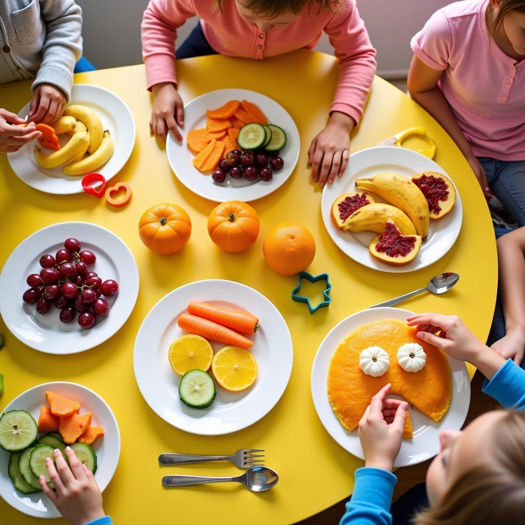 Kids creating animal shapes with fruits and vegetables