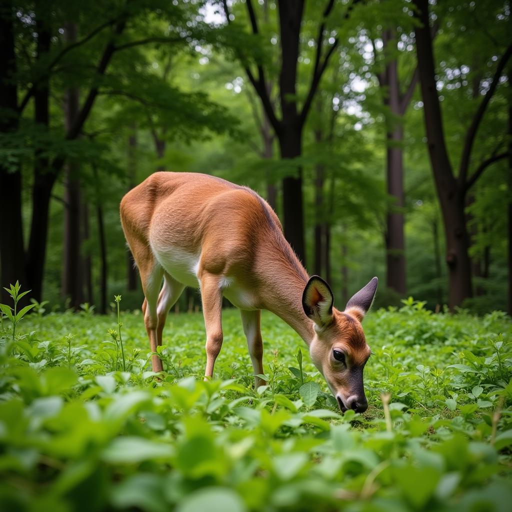 Deer Foraging in a Lush, Full Shade Food Plot