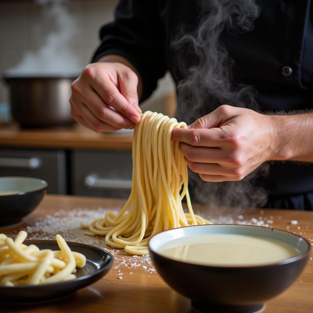 A chef expertly prepares hand-pulled noodles in a Galloway, NJ, Chinese restaurant kitchen