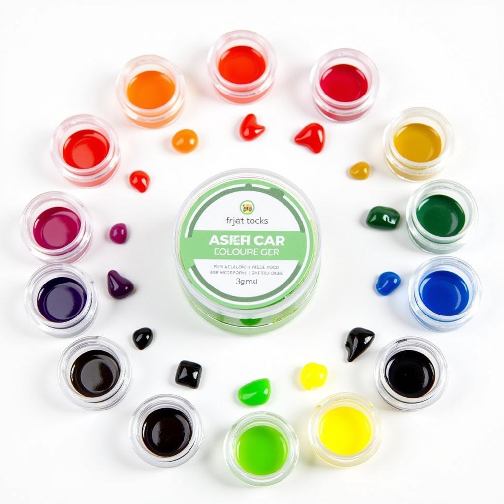 A gel food colouring set with a variety of vibrant colours, including red, blue, green, yellow, and purple.