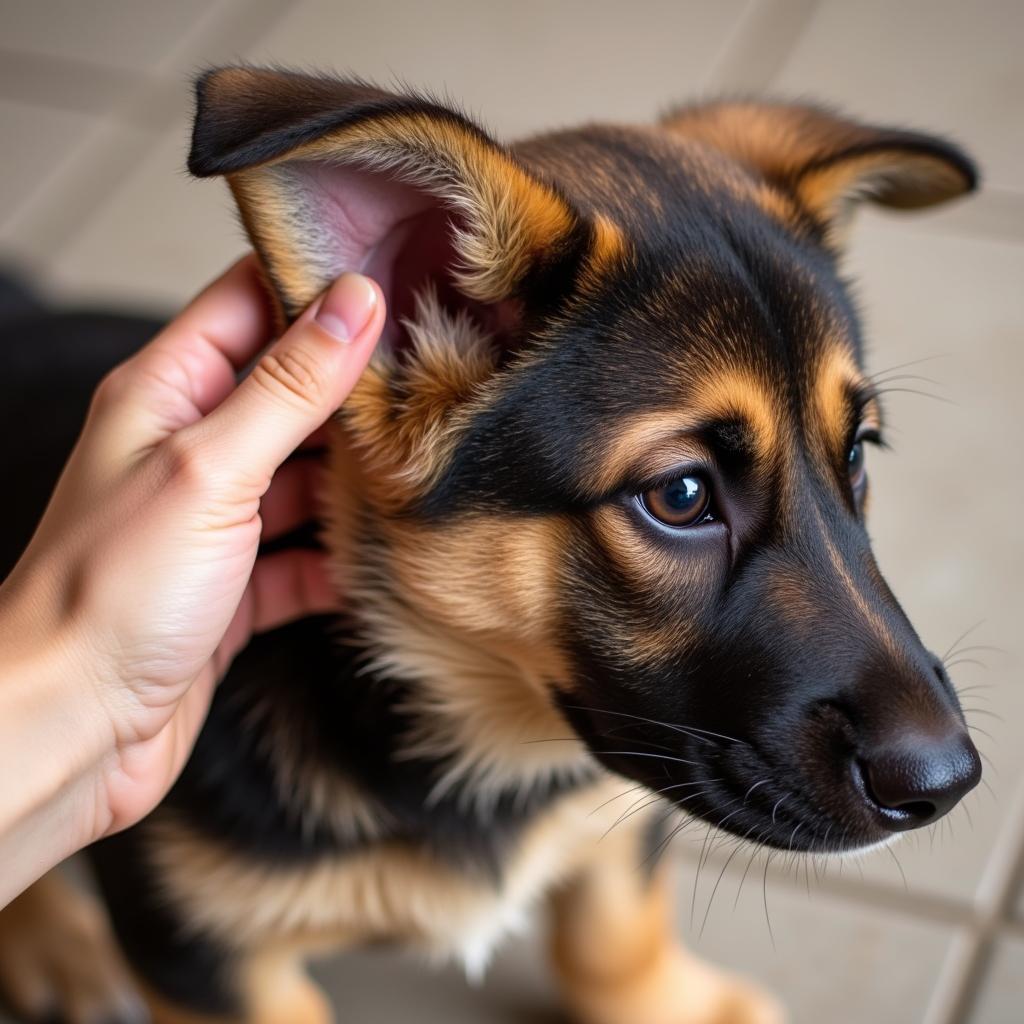 A German Shepherd puppy with skin irritation potentially caused by a food allergy