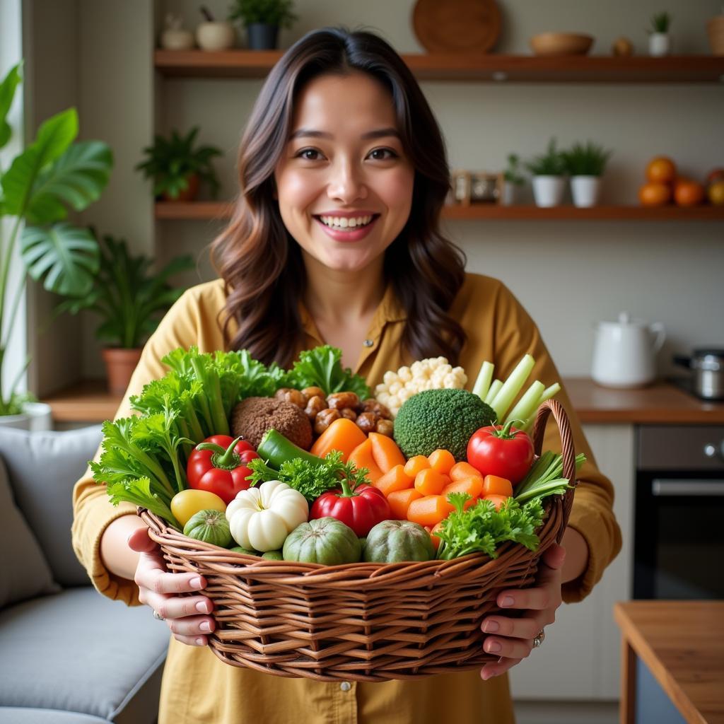 A woman smiling as she receives a vegetarian food basket as a gift.