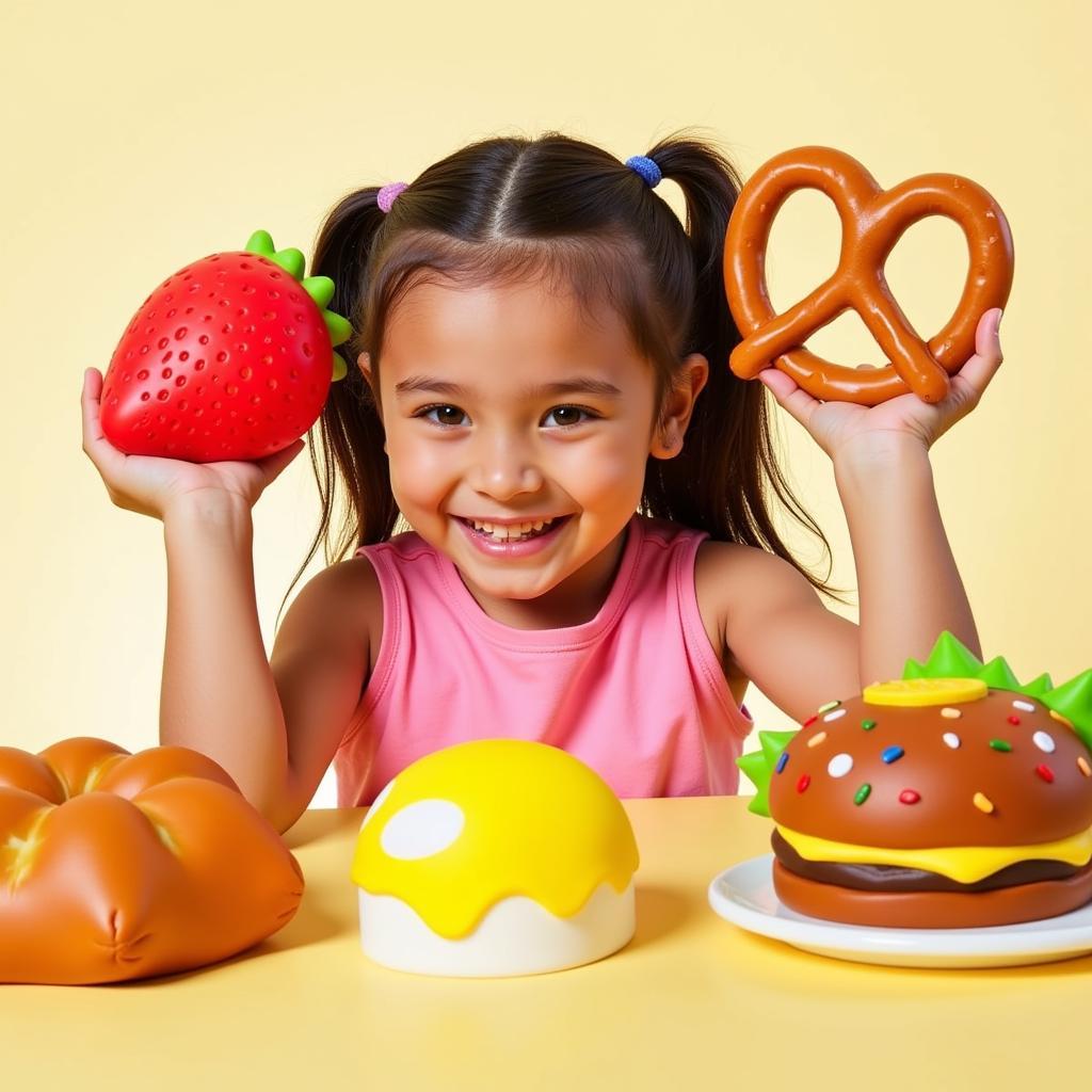 A young girl playing with jumbo food squishies