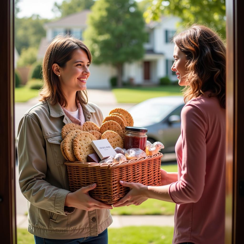 Gluten-free gift basket being delivered to a happy recipient