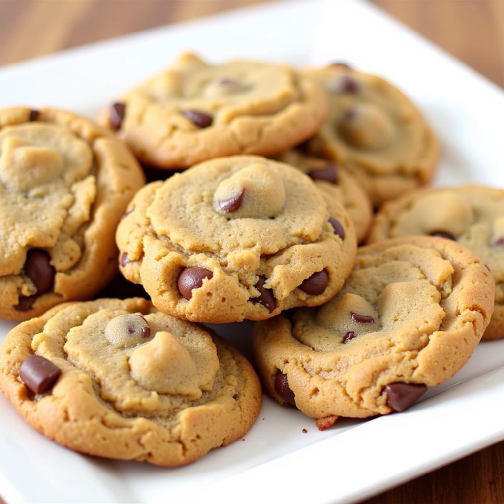 A plate of warm, freshly baked gluten-free vegan chocolate chip cookies.