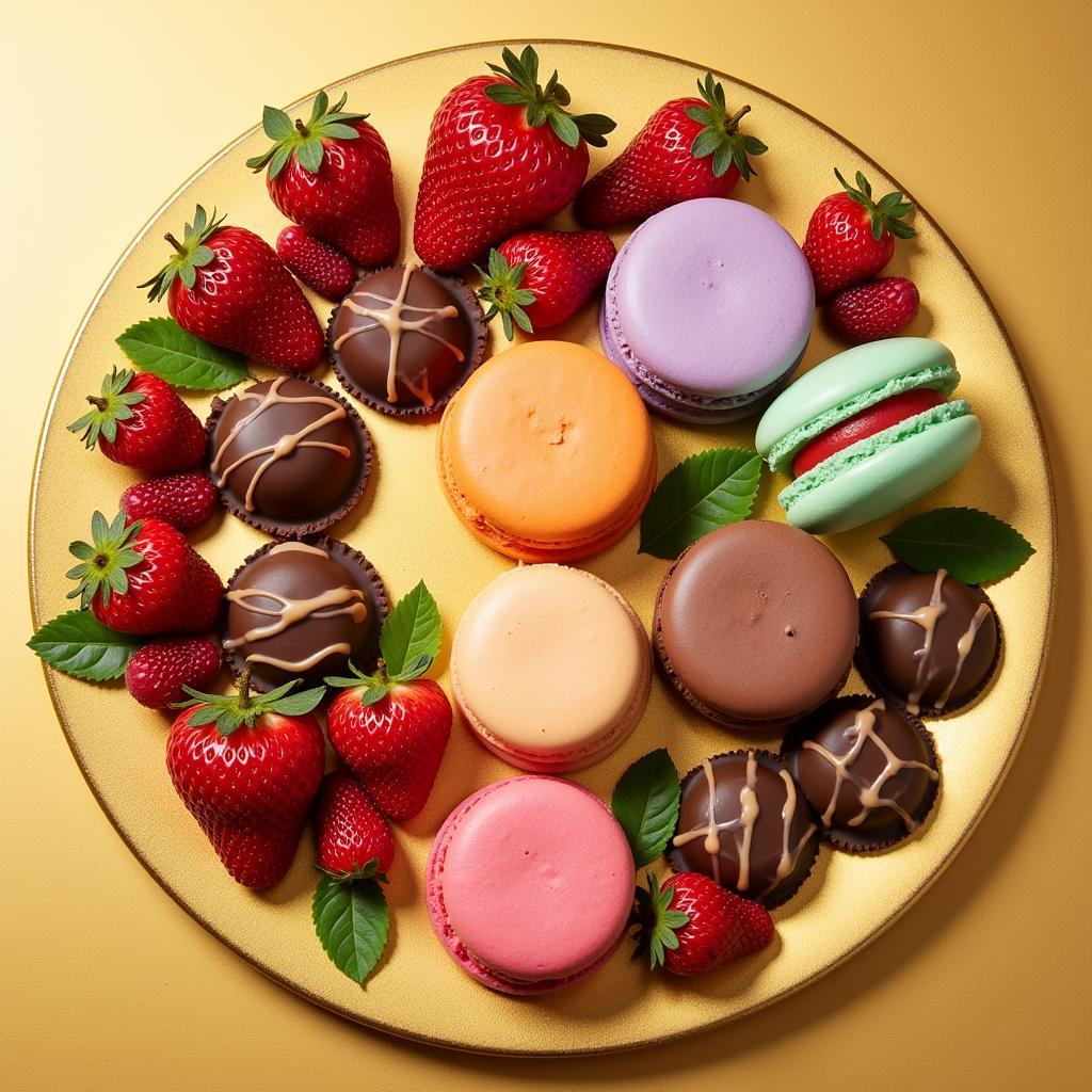 A decadent gold food board showcasing an array of delightful desserts, including macarons, chocolates, and fresh berries.