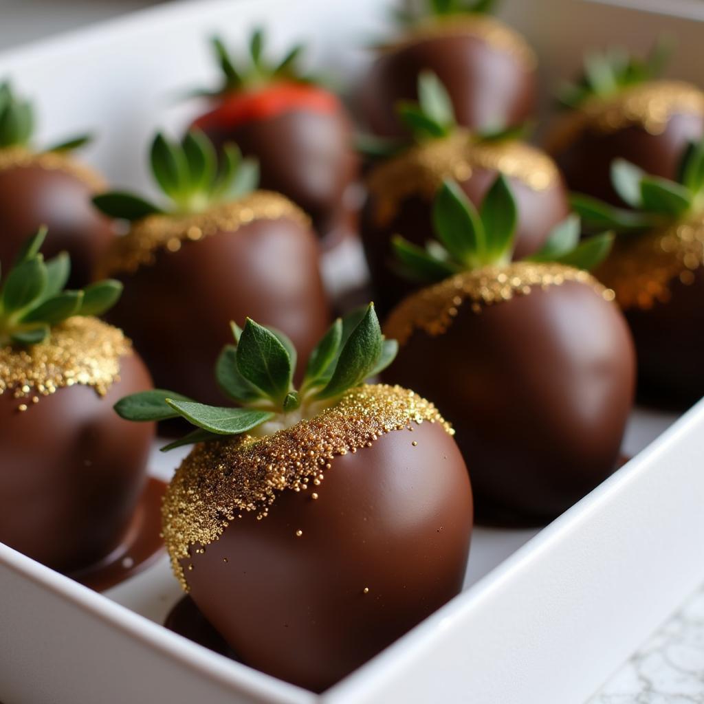 Using gold food coloring spray on chocolate-covered strawberries