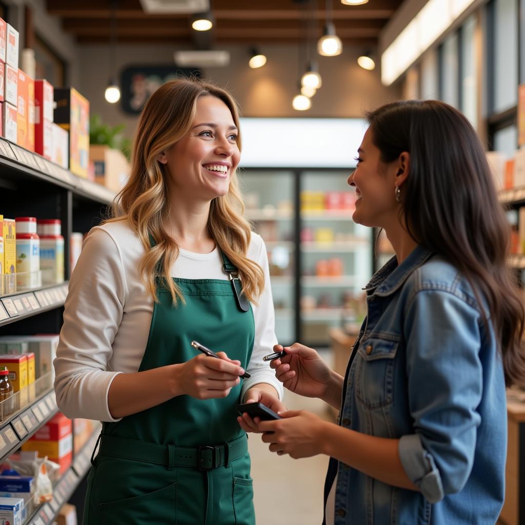 A friendly staff member assisting a customer at Gold Star Food Store