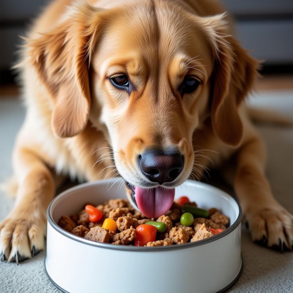 Golden Retriever Eating Wet Food from a Bowl