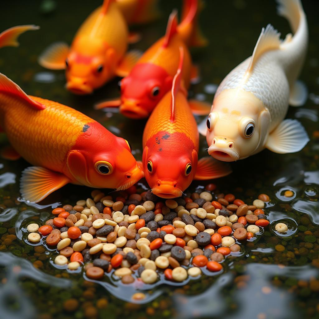 Goldfish and Koi Eating Food