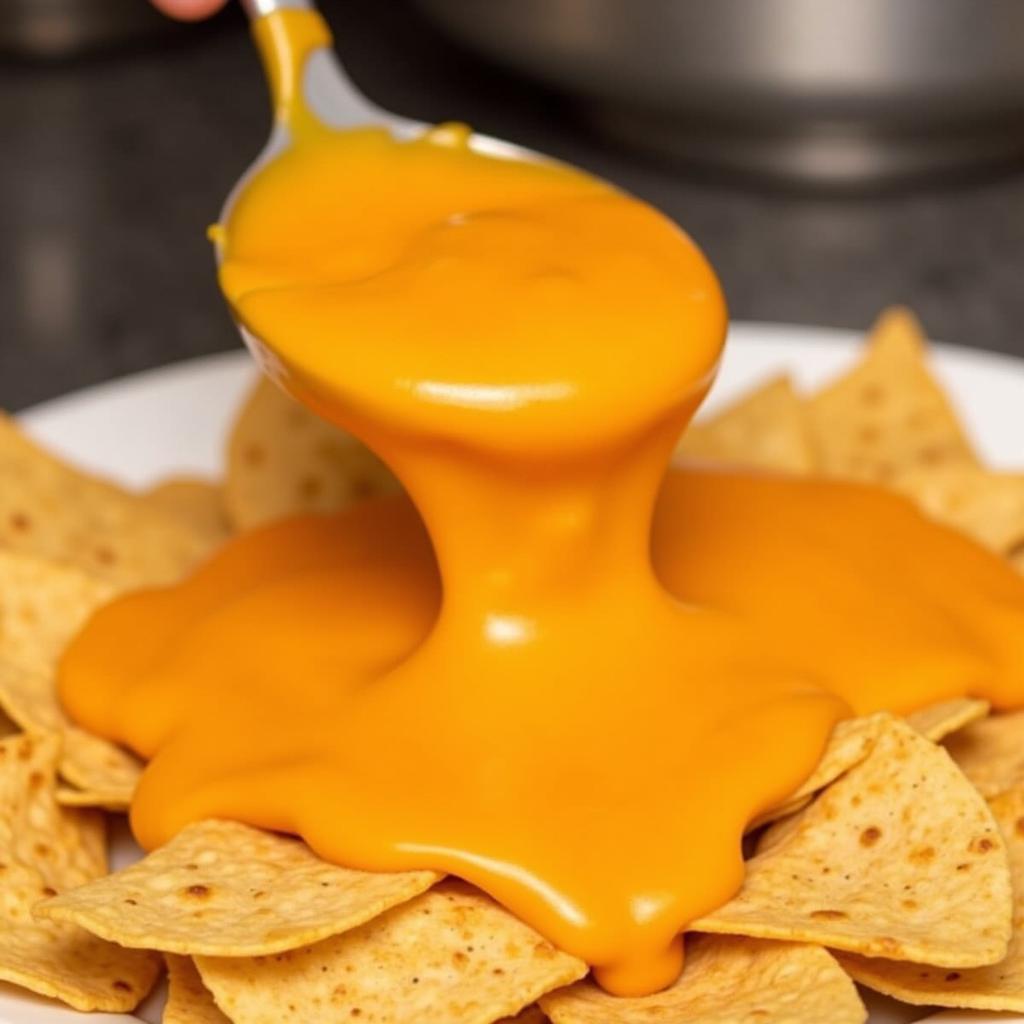 Pouring Gordon Food Service Nacho Cheese over nachos