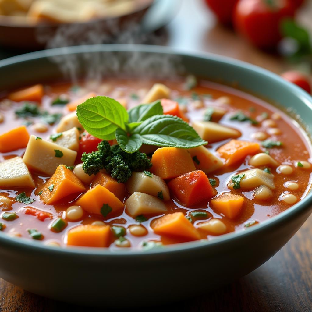 Close-up shot of a bowl of Gordon Foods healthy soup, with visible vegetables and lean protein.