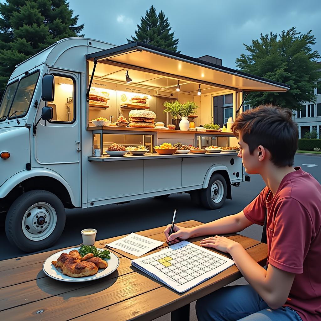 A gourmet food truck serving high-end dishes, showcasing the evolution of "food truck fare", with a person solving a crossword puzzle.