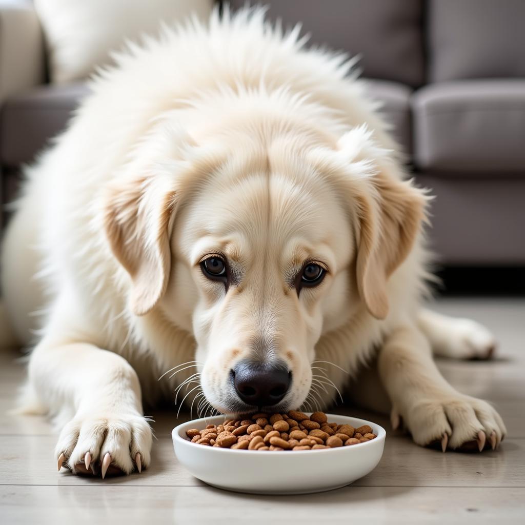 Great Pyrenees dog enjoying a meal