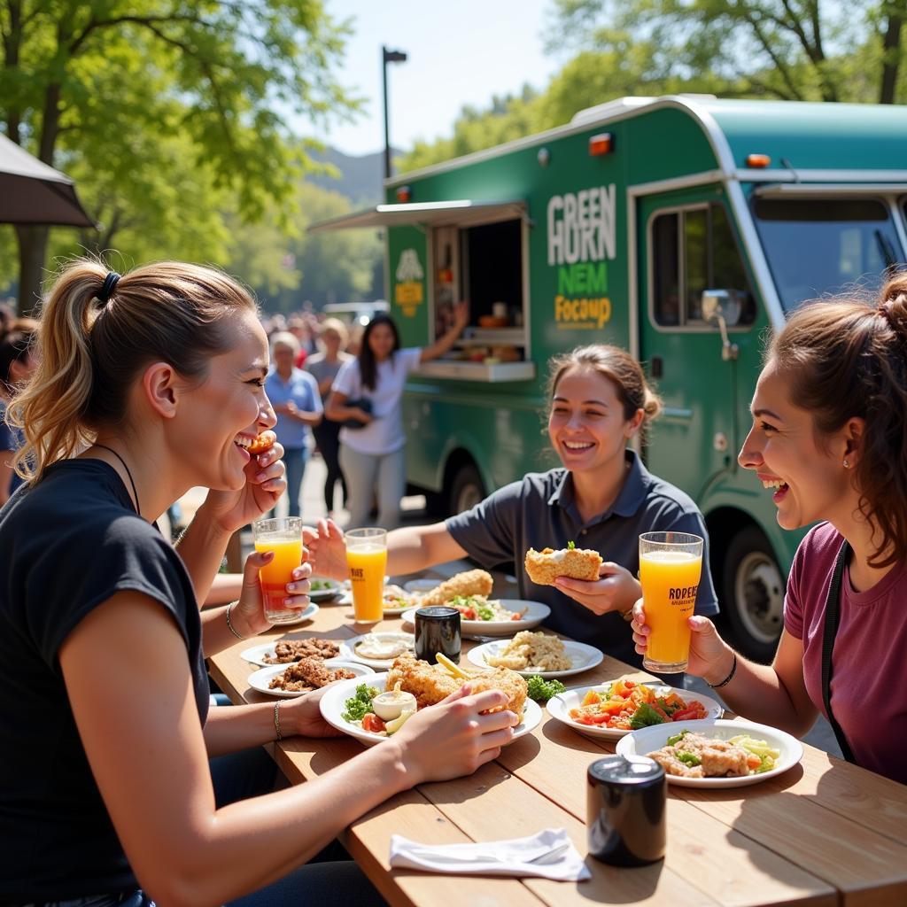 Happy customers enjoying their food from the Green Horn food truck in a vibrant outdoor setting.