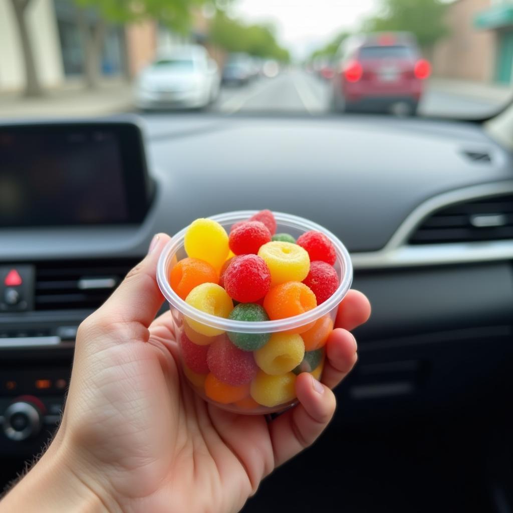 A person holding a small container of breakfast gummy food while commuting.