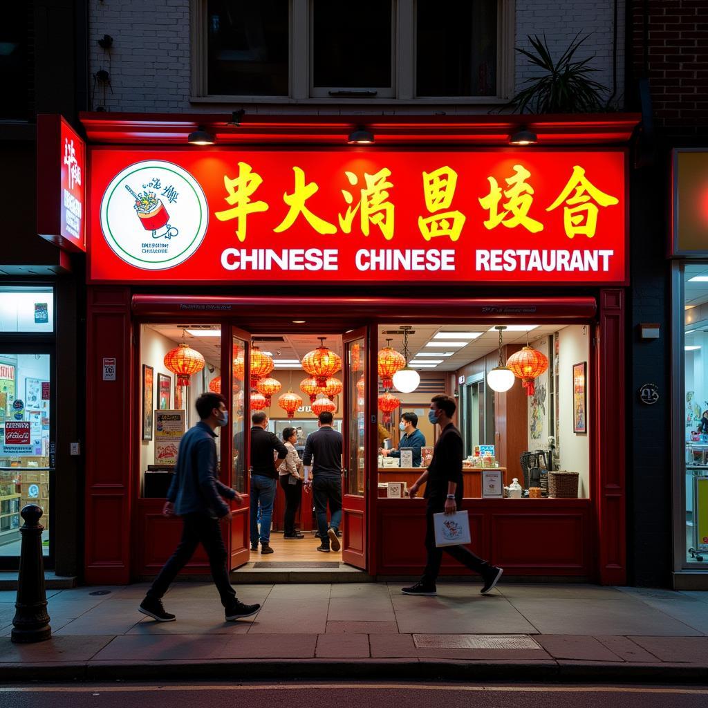 Exterior of a popular Chinese restaurant in Hackettstown, NJ, bustling with activity during dinner rush hour