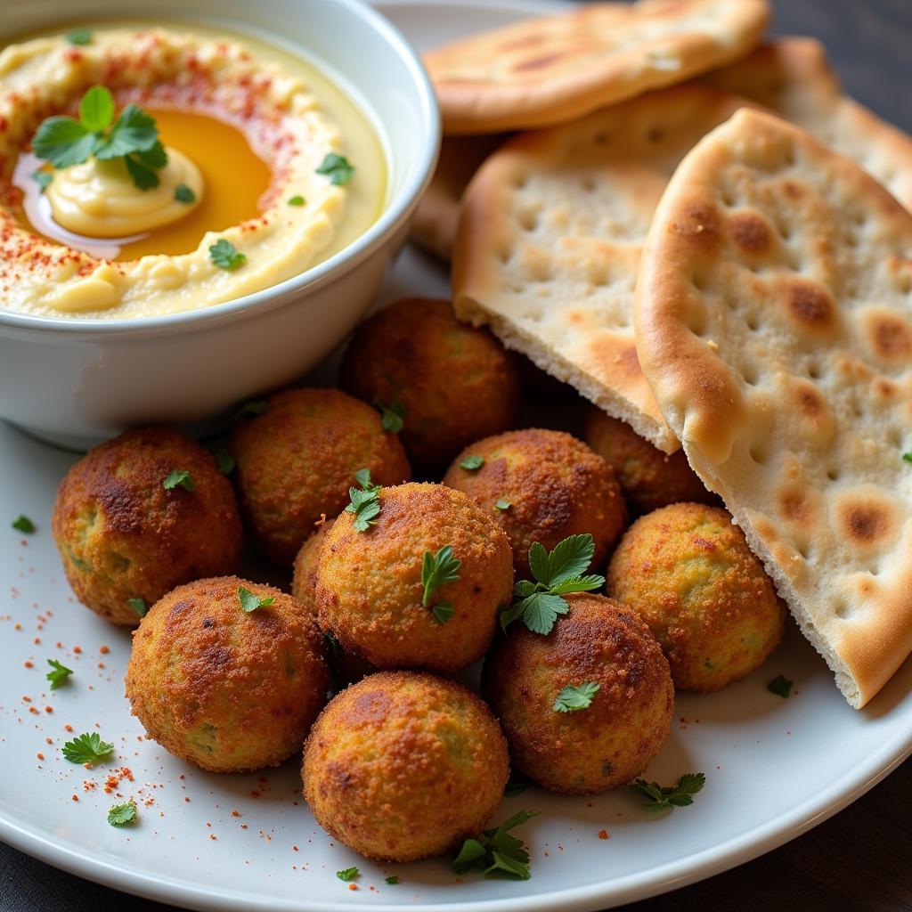 Close-up of halal Mediterranean dishes like falafel and hummus.