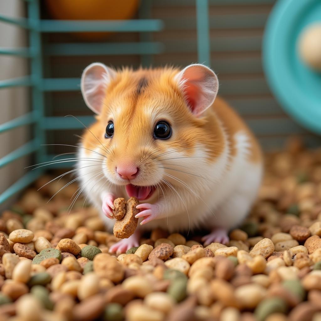 A hamster happily eating Bunny Nature Hamster Food