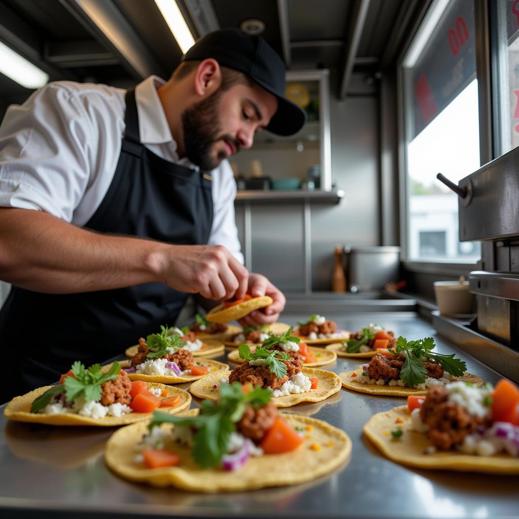 Handcrafted Tacos Being Prepared in a Food Truck