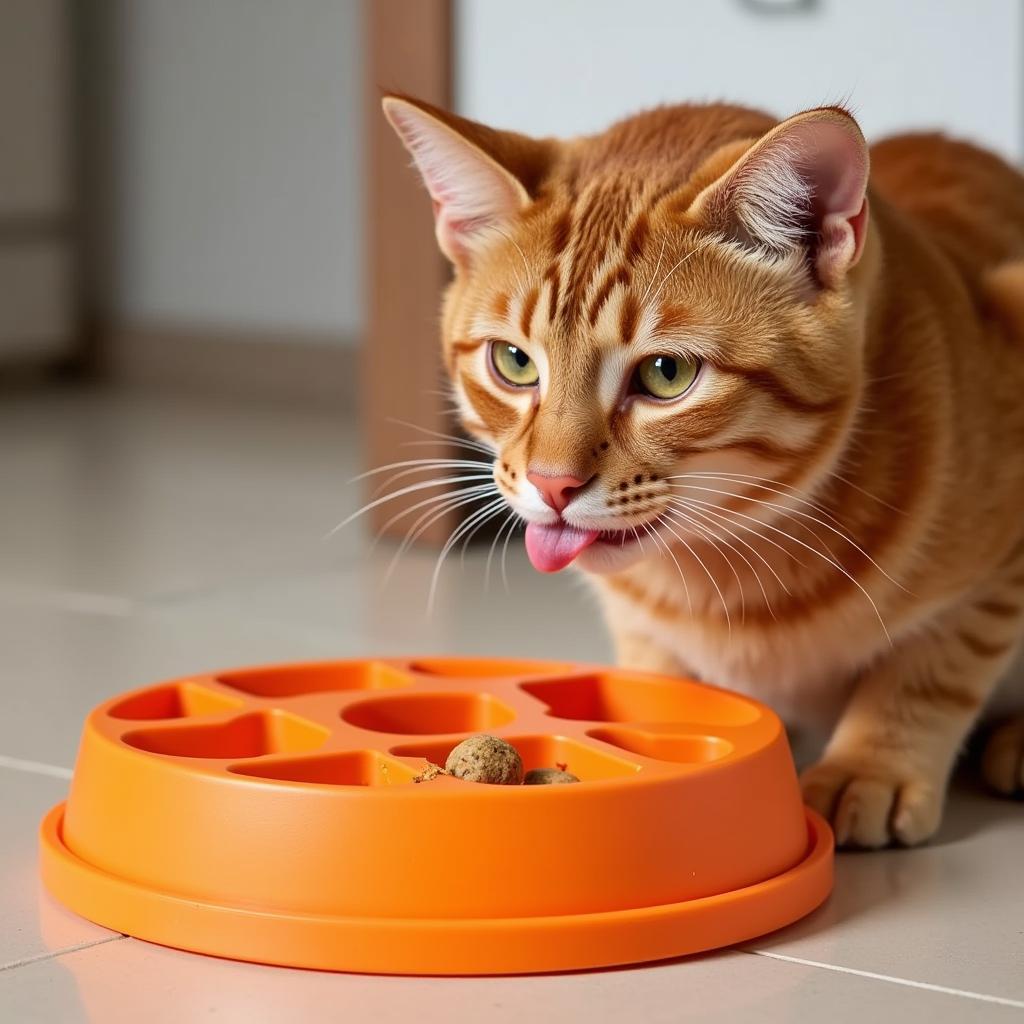 A contented cat enjoying a meal from a puzzle feeder.