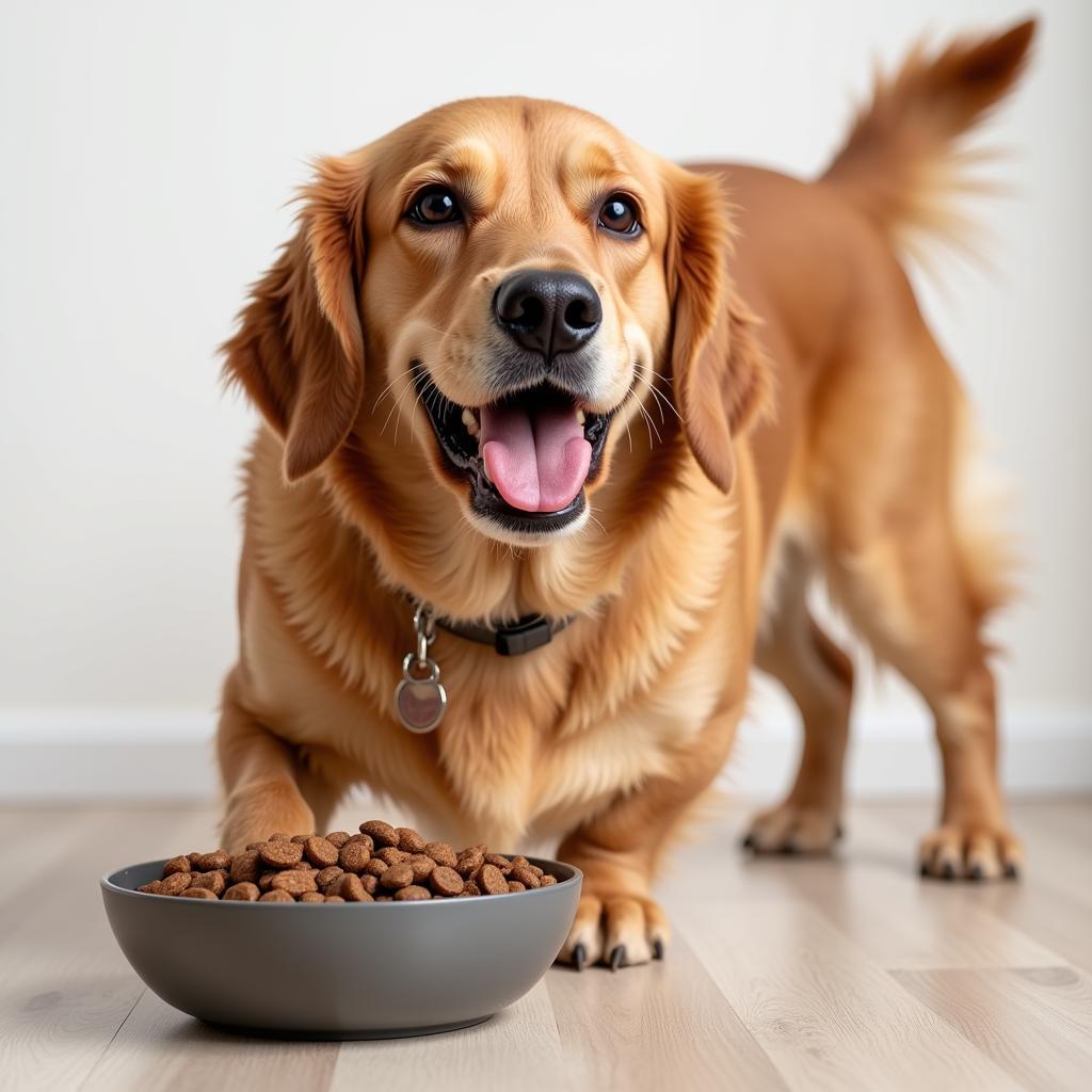 A happy dog enjoying a bowl of grain-free food