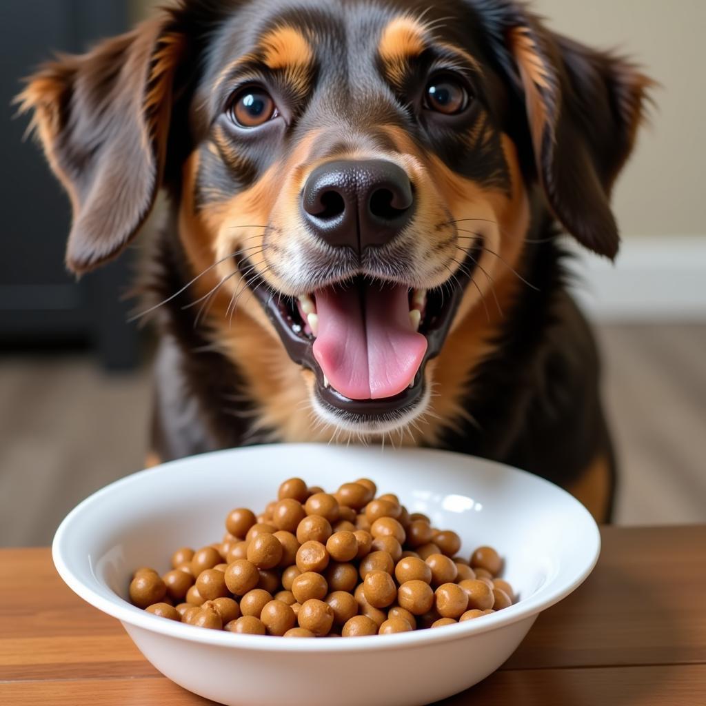 A Happy Dog Eating Open Farm Gently Cooked Dog Food