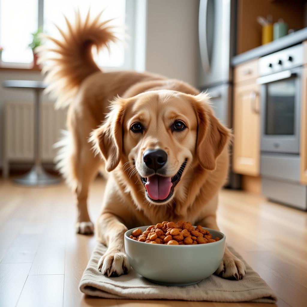 Happy Dog Eating Turkey and Pumpkin Meal